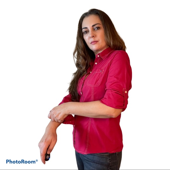 Tommy Hilfiger Cherry Red Roll-Tab Button-Up Shirt - Picture 4 of 10